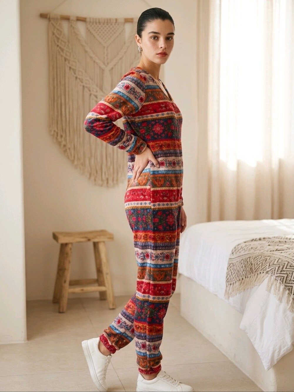 NATURAL LIFE Red Orange Blue Cream Fair Isle One-Piece Pajama Super Soft